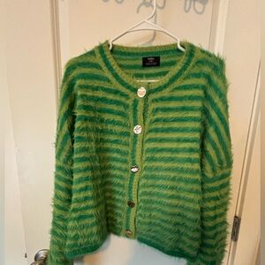 Dressed in Lala Double Trouble Striped Fuzzy Cardigan in Green